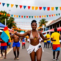 Caribbean Holidays, August Holidays, Colourful Trinidad and Tobago cultural festival with dancers, flags and Caribbean street decorations in August