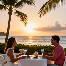 Caribbean Holidays, August Holidays, Couple enjoying a relaxed sunset dinner at a Cura&ccedil;ao resort, with warm evening light, palm trees and the Caribbean Sea in the background