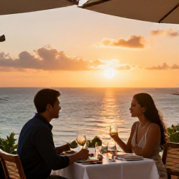 Caribbean Holidays, August Holidays, Couple enjoying a sunset dinner at an elegant open-air restaurant overlooking the Caribbean Sea in Tobago