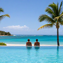 Caribbean Holidays, August Holidays, Couple relaxing beside an infinity pool overlooking a Caribbean bay on Tortola, with palm trees and bright blue water
