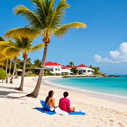 Caribbean Holidays, August Holidays, Couple relaxing on a Caribbean beach in Saint Martin, palm trees, clear water and a comfortable resort setting