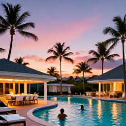 Caribbean Holidays, August Holidays, Family enjoying a relaxed Caribbean resort evening with a swimming pool, outdoor dining, palm trees and a colourful sunset sky