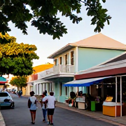 Caribbean Holidays, August Holidays, Family exploring a colourful Caribbean town with pastel buildings, local market stalls, leafy streets and warm afternoon light