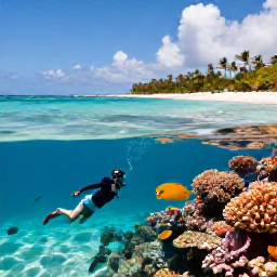 Caribbean Holidays, August Holidays, Family snorkelling in clear Caribbean water near a colourful coral reef, tropical fish, a safe sandy beach and bright summer sky