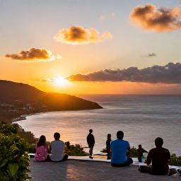 Caribbean Holidays, August Holidays, Golden Caribbean sunset over Saint Martin coastline in August, visitors enjoying a scenic viewpoint and warm evening light