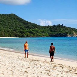Caribbean Holidays, August Holidays, Golden sandy beach at Frigate Bay, Saint Kitts, with calm blue sea, green hills and a couple walking beside the water