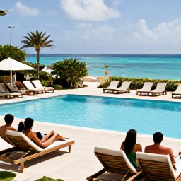 Caribbean Holidays, August Holidays, Guests relaxing beside an all-inclusive resort pool in Cura&ccedil;ao, with sun loungers, tropical planting and a view towards the Caribbean Sea