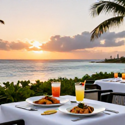 Caribbean Holidays, August Holidays, Outdoor dining at a stylish Saint Kitts all-inclusive resort at sunset, with Caribbean dishes, cool drinks and views over the sea
