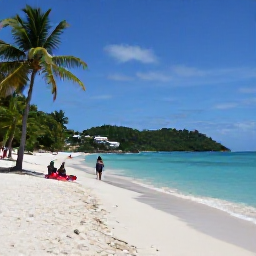 Caribbean Holidays, August Holidays, Quiet Caribbean beach in Saint Vincent with palm trees, clear water and visitors relaxing after a cultural day