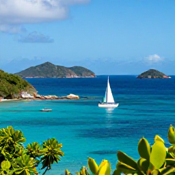 Caribbean Holidays, August Holidays, Sailing boat passing rocky islands and sheltered turquoise bays around the British Virgin Islands on a sunny day