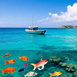 Caribbean Holidays, August Holidays, Snorkelling excursion in calm Caribbean water near Saint Martin, colourful fish, coral reef and small boat