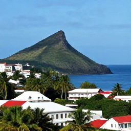Caribbean Holidays, August Holidays, Sunny August view of Nevis Peak, palm-fringed coastline and historic Caribbean buildings on Nevis
