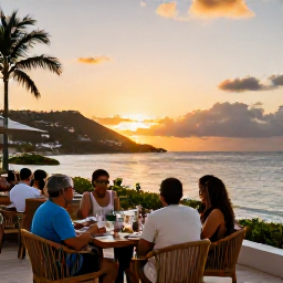 Caribbean Holidays, August Holidays, Sunset over a Caribbean resort on Saint Martin, guests dining outdoors beside the sea, warm evening light