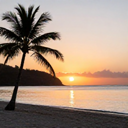 Caribbean Holidays, August Holidays, Sunset over a quiet Caribbean beach in Saint Vincent and the Grenadines with palm silhouettes and calm water