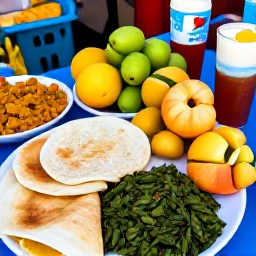 Caribbean Holidays, August Holidays, Traditional Trinidad and Tobago food including roti, doubles, callaloo and fresh tropical fruit served at a colourful local market