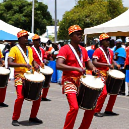 Caribbean Holidays, August Holidays, Traditional Vincentian performers in colourful clothing playing drums and dancing during a cultural festival in Kingstown