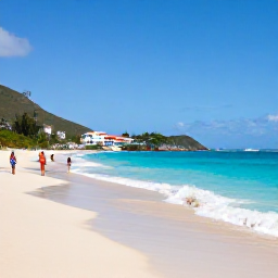 Caribbean Holidays, August Holidays, Travellers enjoying a calm sandy beach and turquoise sea at Orient Bay, Saint Martin, with gentle waves and tropical scenery