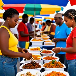 Caribbean Holidays, August Holidays, Visitors exploring a colourful Caribbean festival food market in Nevis with local dishes and friendly vendors