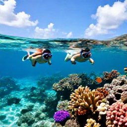 Caribbean Holidays, August Honeymoons, A couple snorkelling over a colourful coral reef in clear Tobago water, with tropical fish and a sunny Caribbean sky