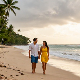 Caribbean Holidays, August Honeymoons, A happy honeymoon couple walking along a quiet Tobago beach after a short tropical rain shower, with glowing evening light