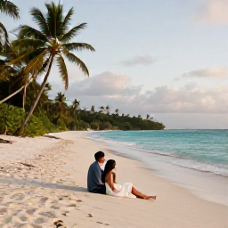 Caribbean Holidays, August Honeymoons, A newlywed couple relaxing on a quiet golden beach in Tobago during August, with turquoise sea, palm trees and soft morning light