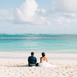 Caribbean Holidays, August Honeymoons, A newlywed couple relaxing on a quiet white-sand beach in Saint Martin, turquoise Caribbean water and soft August sunshine