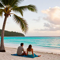 Caribbean Holidays, August Honeymoons, A newlywed couple relaxing together on a quiet Caribbean beach in Saint Vincent and the Grenadines, turquoise sea, palm trees and soft August sunlight
