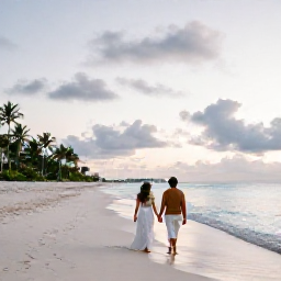 Caribbean Holidays, August Honeymoons, A newlywed couple walking barefoot along a quiet white-sand beach in The Bahamas at sunrise, calm turquoise sea and palm trees