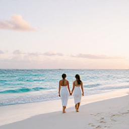Caribbean Holidays, August Honeymoons, A newlywed couple walking barefoot along a quiet white-sand beach in Turks and Caicos at sunrise, turquoise sea and soft August light