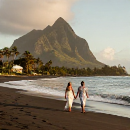Caribbean Holidays, August Honeymoons, A newlywed couple walking hand in hand along a quiet black-sand beach in Montserrat at golden hour, Caribbean scenery