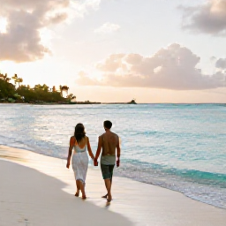 Caribbean Holidays, August Honeymoons, A newlywed couple walking hand in hand along a quiet Caribbean beach in Saint Barth&eacute;lemy at sunrise, clear turquoise water and soft golden light