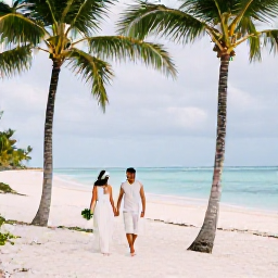 Caribbean Holidays, August Honeymoons, A newlywed couple walking hand in hand along a quiet white-sand beach in Punta Cana, Dominican Republic, beneath tall palm trees