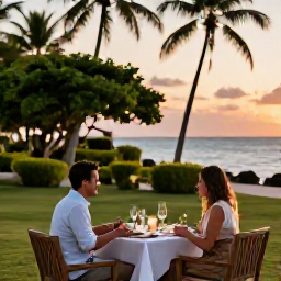 Caribbean Holidays, August Honeymoons, A romantic beachfront hotel in Tobago with a couple dining outdoors at sunset, tropical gardens and calm sea