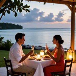 Caribbean Holidays, August Honeymoons, A romantic Caribbean dinner for two on a Tobago terrace, with local food, soft lantern light and a view of the sea