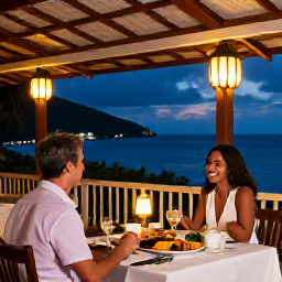 Caribbean Holidays, August Honeymoons, Couple dining outdoors at a charming Caribbean restaurant in Saint Vincent and the Grenadines, local seafood, lanterns and evening sea view