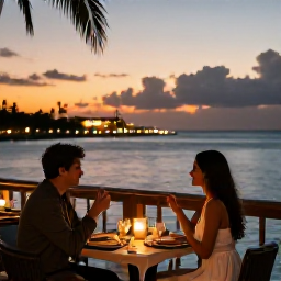 Caribbean Holidays, August Honeymoons, Couple enjoying a candlelit dinner at a stylish waterside restaurant in Nassau, The Bahamas, with a sunset sky and ocean view