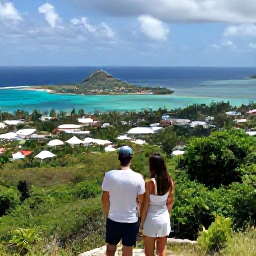 Caribbean Holidays, August Honeymoons, Couple exploring a green tropical viewpoint above Saint Martin and Sint Maarten, with island coastline and Caribbean bays in the distance