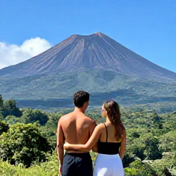 Caribbean Holidays, August Honeymoons, Couple exploring Montserrat's volcanic landscape with Soufriere Hills and lush forest in the background, clear Caribbean day