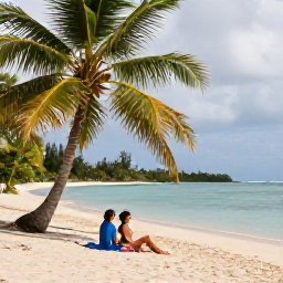 Caribbean Holidays, August Honeymoons, Couple relaxing on a quiet Saint Lucian beach with palm trees, soft sand and calm blue water