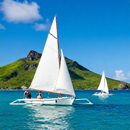 Caribbean Holidays, August Honeymoons, Couple sailing between the British Virgin Islands on a traditional boat, with rugged green islands, bright blue sea and clear summer skies