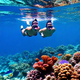 Caribbean Holidays, August Honeymoons, Couple snorkelling together above a colourful coral reef in clear Turks and Caicos water, tropical fish and bright underwater scenery