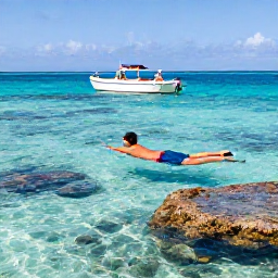 Caribbean Holidays, August Honeymoons, Couple snorkelling together in clear turquoise water near a tropical Dominican Republic reef, with colourful fish and a small boat nearby