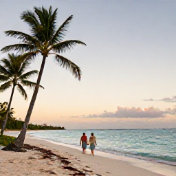 Caribbean Holidays, August Honeymoons, Couple walking along a quiet Caribbean beach at sunset in August, palm trees and calm turquoise sea