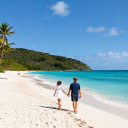 Caribbean Holidays, August Honeymoons, Couple walking hand in hand along a quiet white-sand beach in the British Virgin Islands, with clear Caribbean water and palm trees