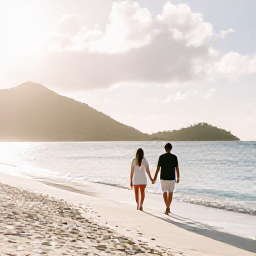 Caribbean Holidays, August Honeymoons, Couple walking hand in hand along a quiet white-sand beach in the United States Virgin Islands at sunrise