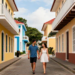 Caribbean Holidays, August Honeymoons, Couple walking hand in hand through the historic streets of Basseterre, colourful buildings and colonial architecture