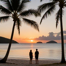 Caribbean Holidays, August Honeymoons, Couple watching a colourful sunset from a quiet British Virgin Islands beach, with silhouettes of palm trees and distant islands