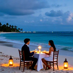 Caribbean Holidays, August Honeymoons, Elegant Caribbean honeymoon dinner for two on a beach at dusk with lanterns and gentle waves