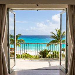 Caribbean Holidays, August Honeymoons, Elegant honeymoon resort room with open doors to a tropical balcony overlooking the Caribbean Sea