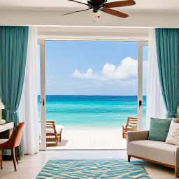 Caribbean Holidays, August Honeymoons, Elegant honeymoon suite with open doors to a private terrace overlooking Grace Bay, soft tropical d&eacute;cor and turquoise sea